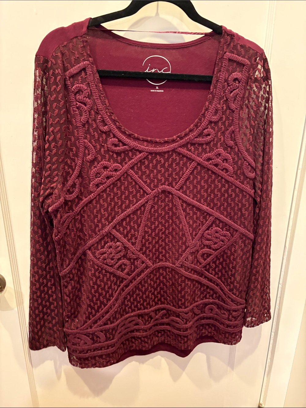INC International Concepts Burgundy Crochet Overlay Tunic BN106